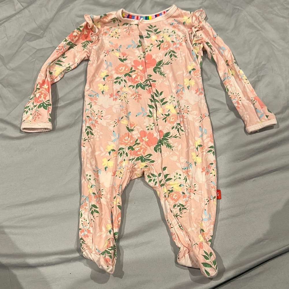 Magnetic Me Pink and Green Floral Footies Soft Stretchy One Pieces
